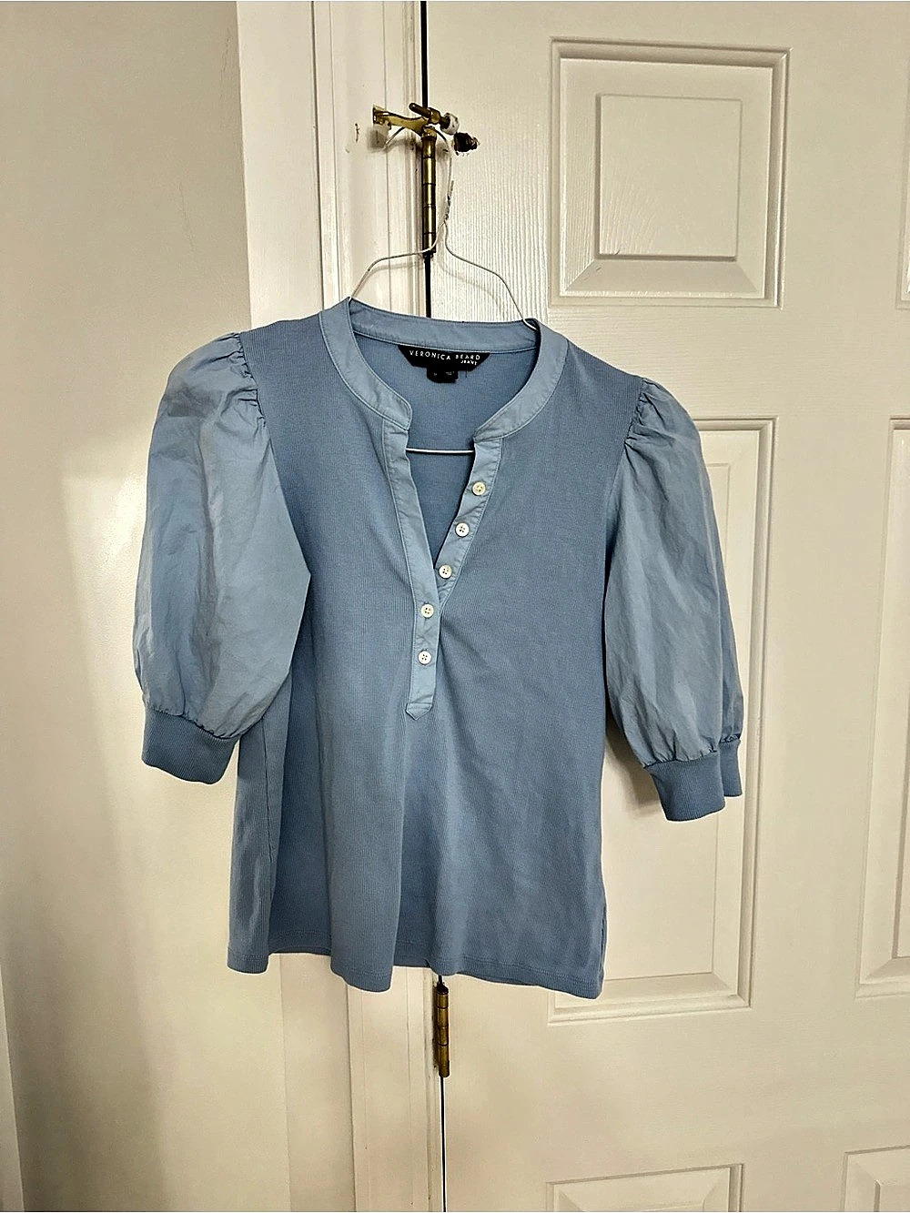 Veronica Beard Jeans Coralee Puff-Sleeve Top Blue Medium